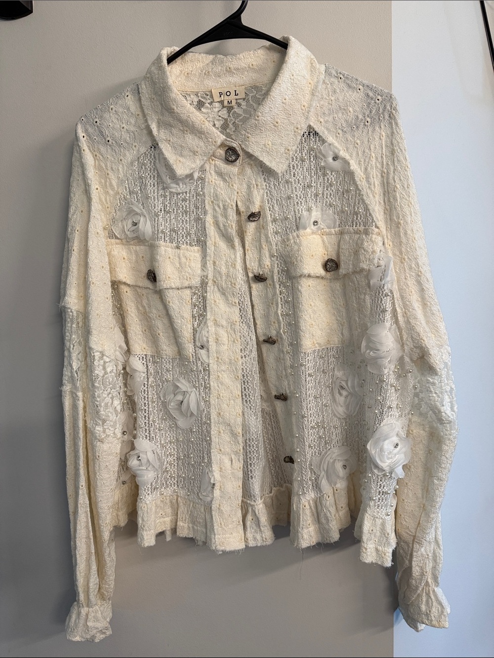 POL Cream Lace Button-Up Top
